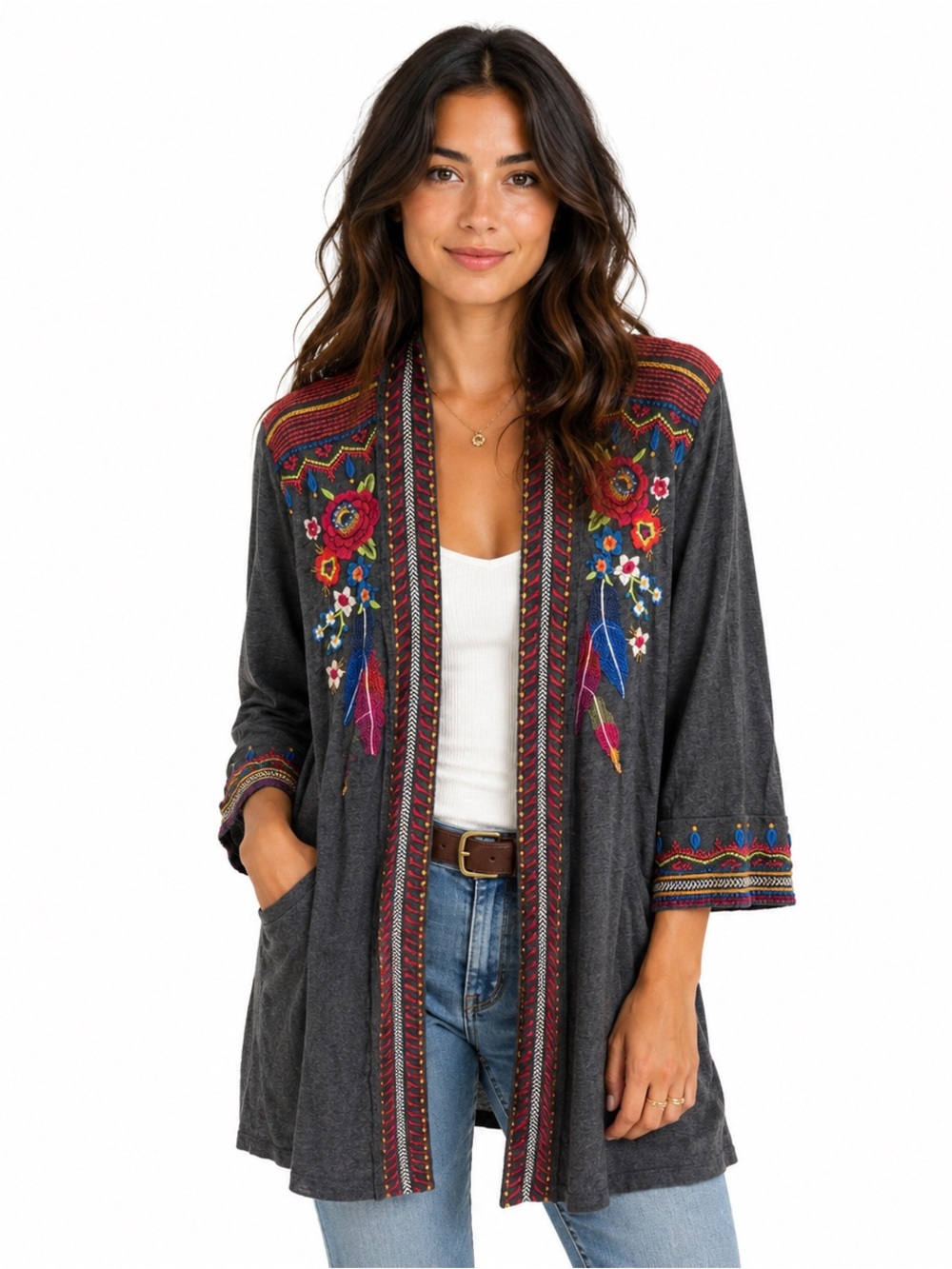 Johnny Was Gray Embroidered Open Front Cardigan Jacket Boho Floral Knit M